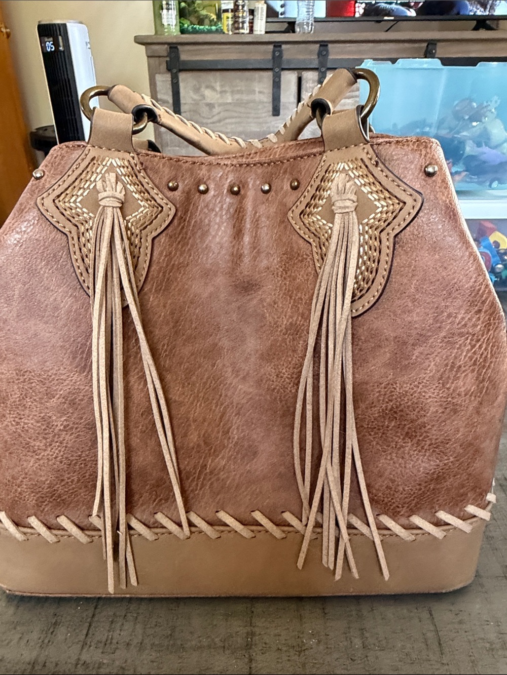 Justin Boots Tan and Brown Tassel Shoulder Bag